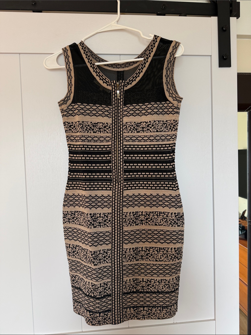 Sleeveless Black Gold And Beige Patterned Mini Dress With Center Zip